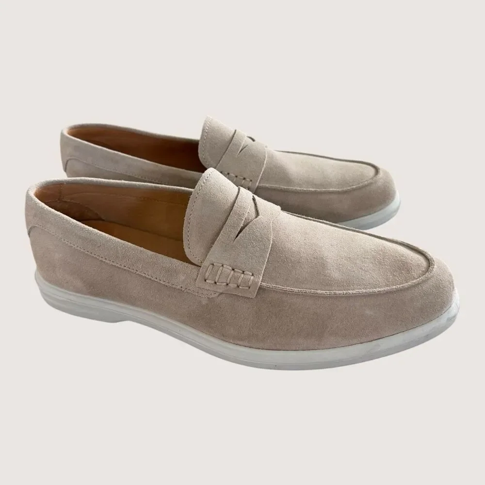 Peter Millar Crown Suede Penny Loafers Men’s 8M Tan Beige Made in Brazil